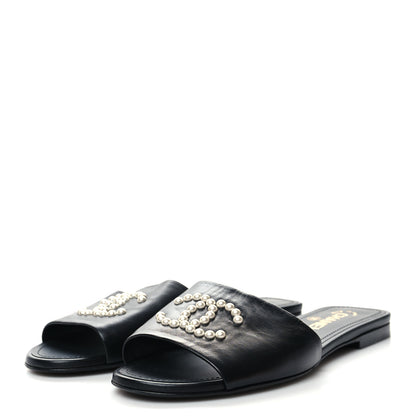 Chanel Lambskin Pearl CC Sandals 38.5 Black 3 of 8