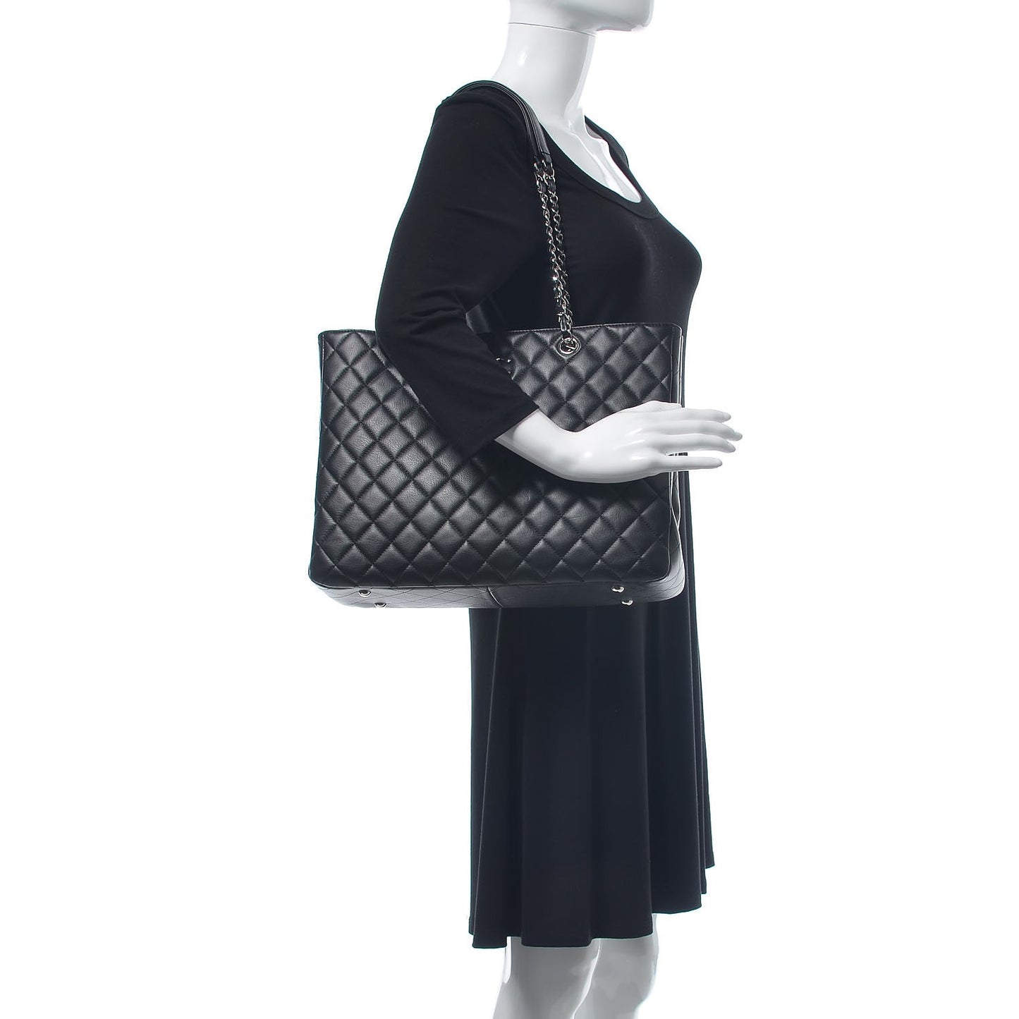Calfskin Quilted Large Classic Shopping Tote Black