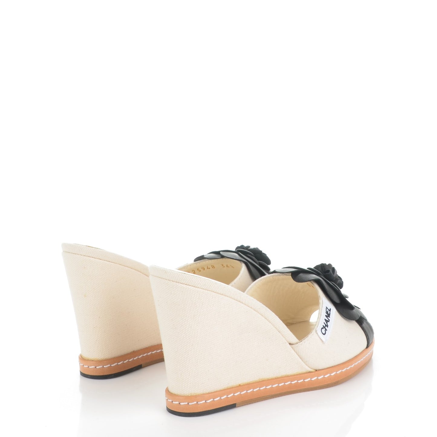 Canvas Camellia Wedge Sandals 36.5 Off White Black