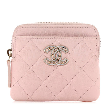 Chanel Caviar Quilted Crystal Zip Card Holder Wallet Light Pink 1 of 7