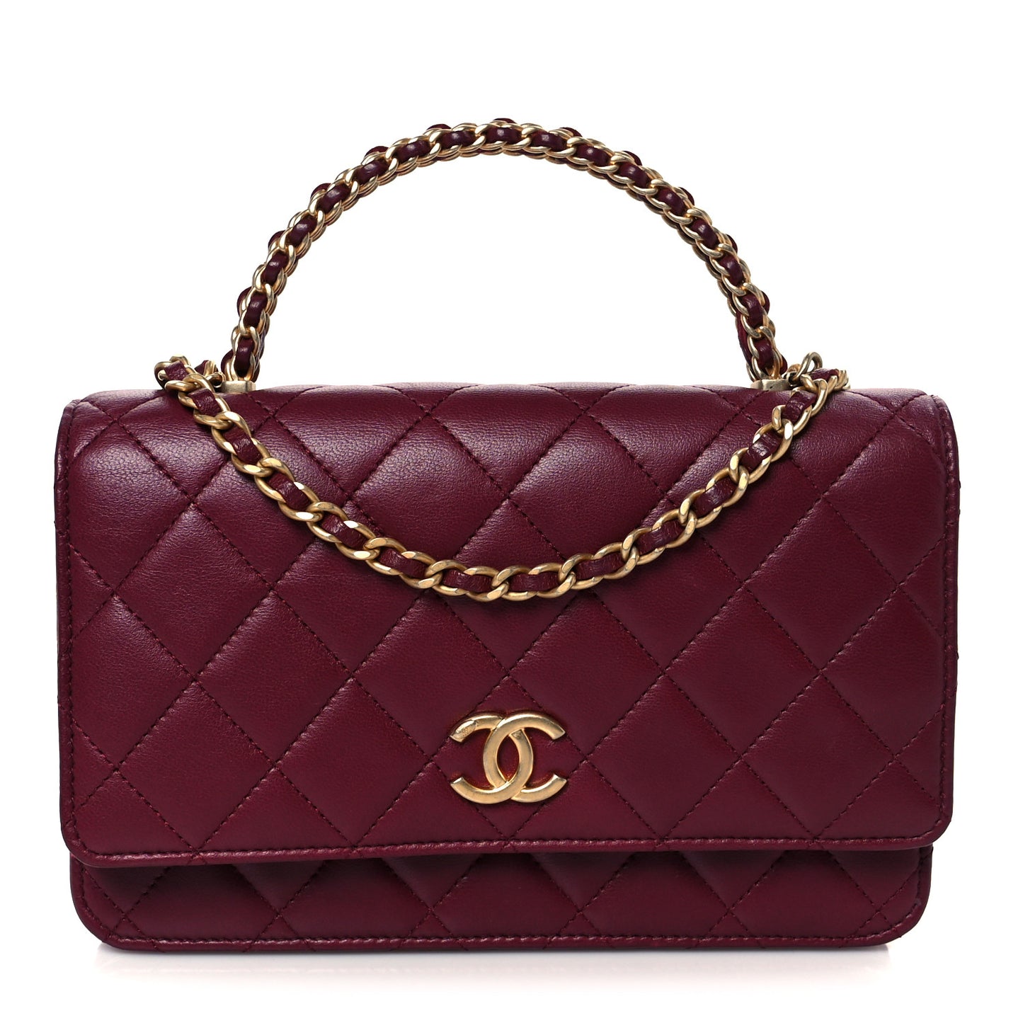 Lambskin Quilted Top Handle Wallet On Chain WOC  Burgundy