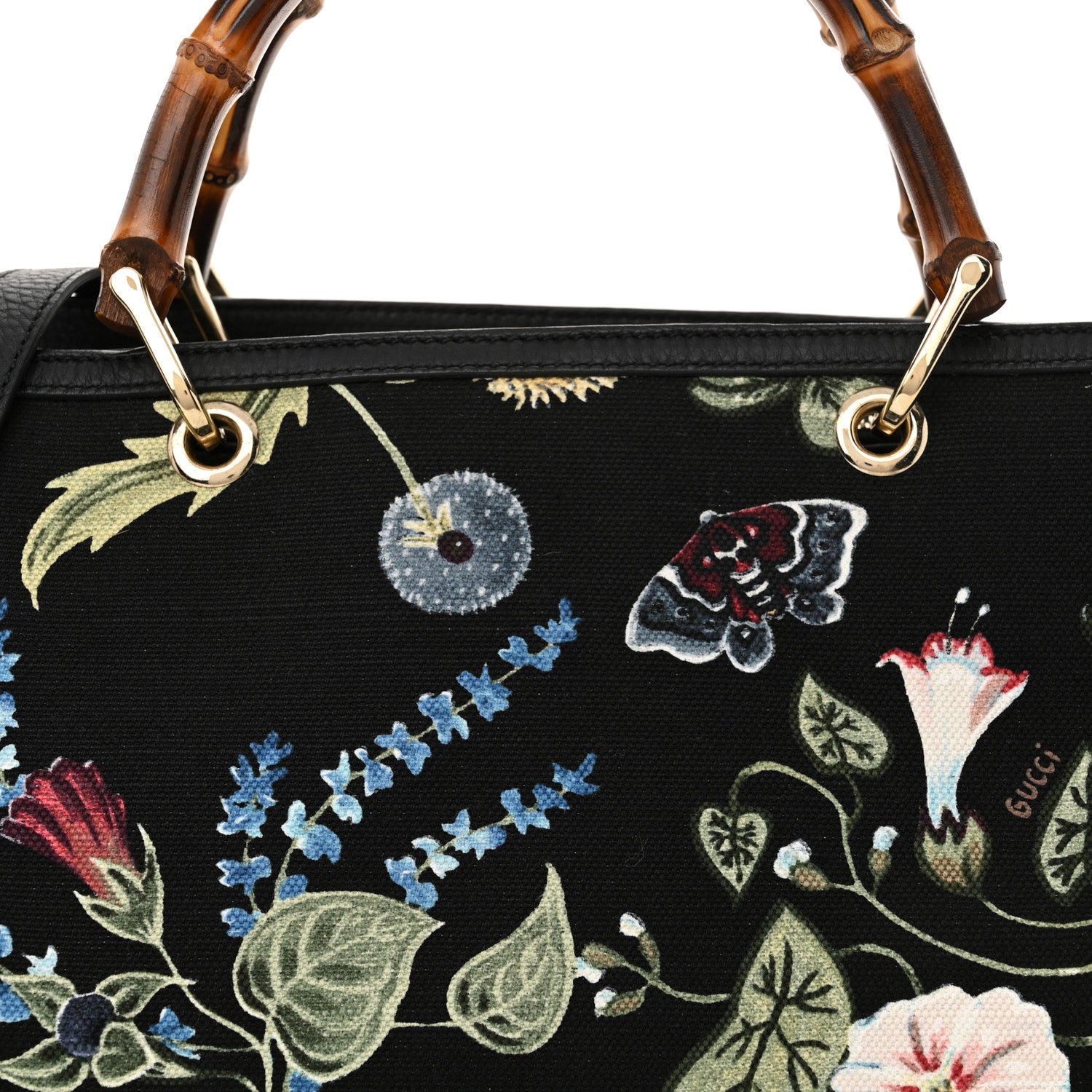 Gucci Canvas Cellarius Calfskin Flora Knight Medium Bamboo Shopper Tote Black 9 of 12