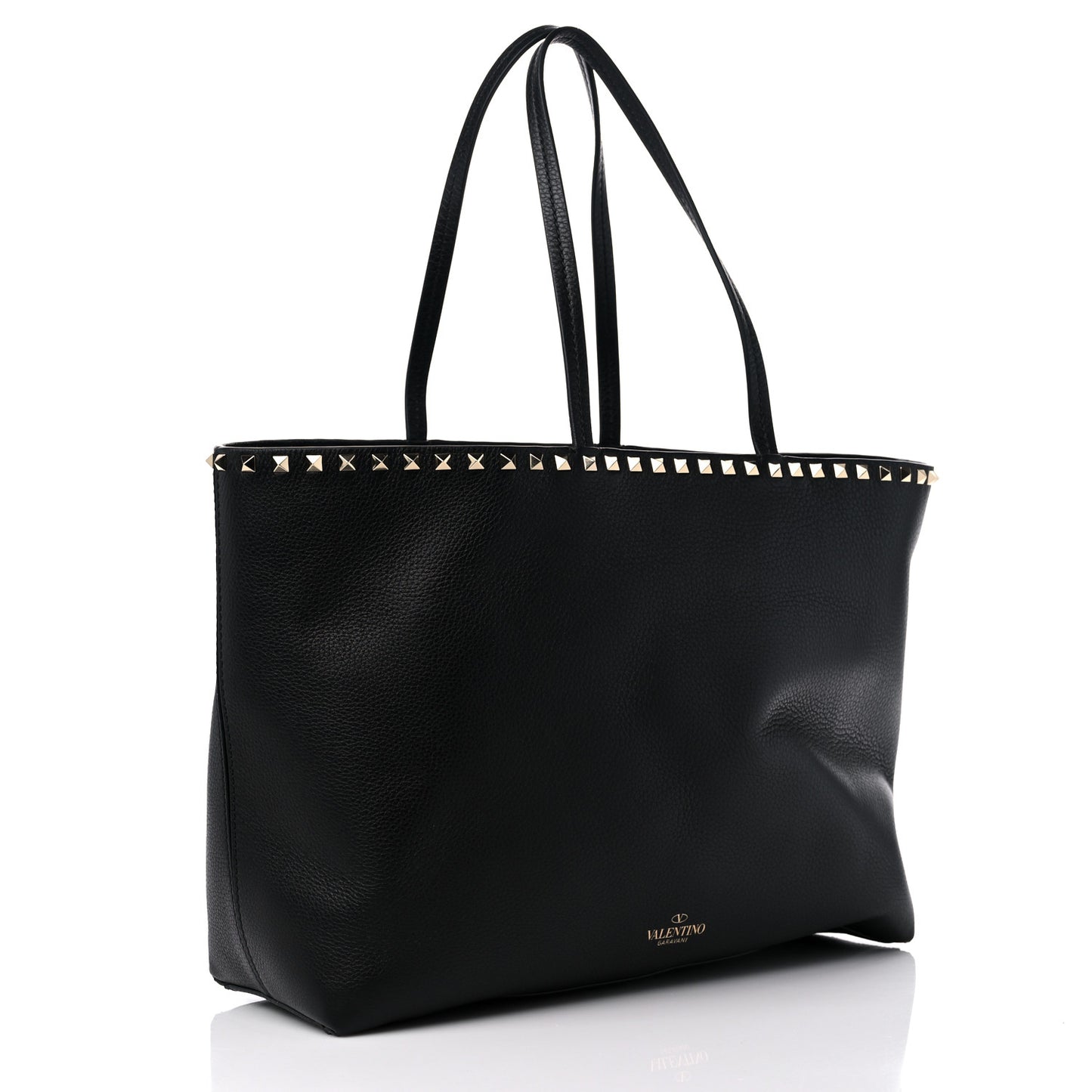 Grained Calfskin Rockstud Shoulder Tote Black