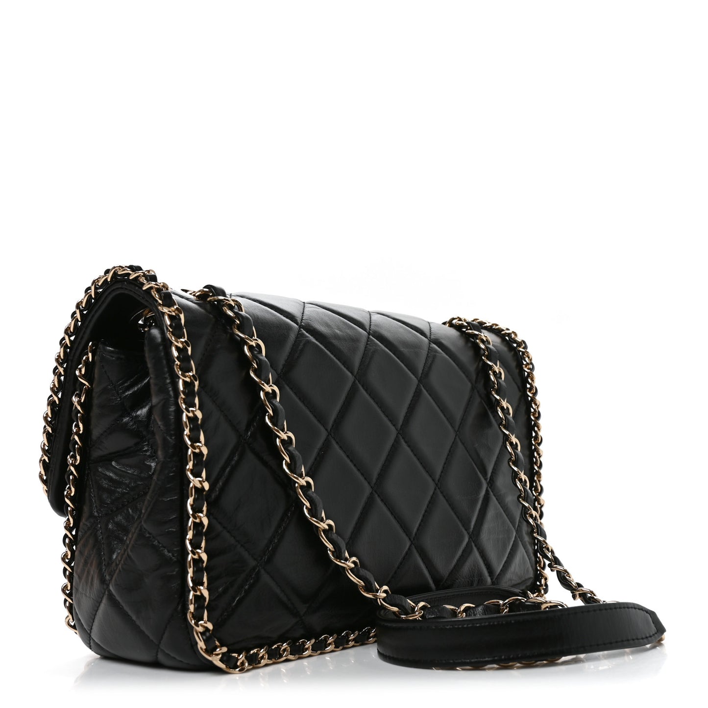 Crumpled Calfskin Medium Chain All Over Flap Black