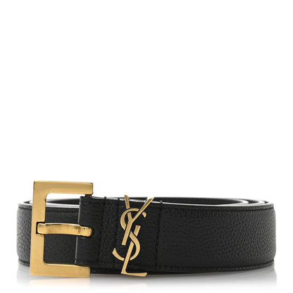 Saint Laurent Grained Calfskin Monogram Cassandre Square Buckle Belt 100 40 Black 1 of 5