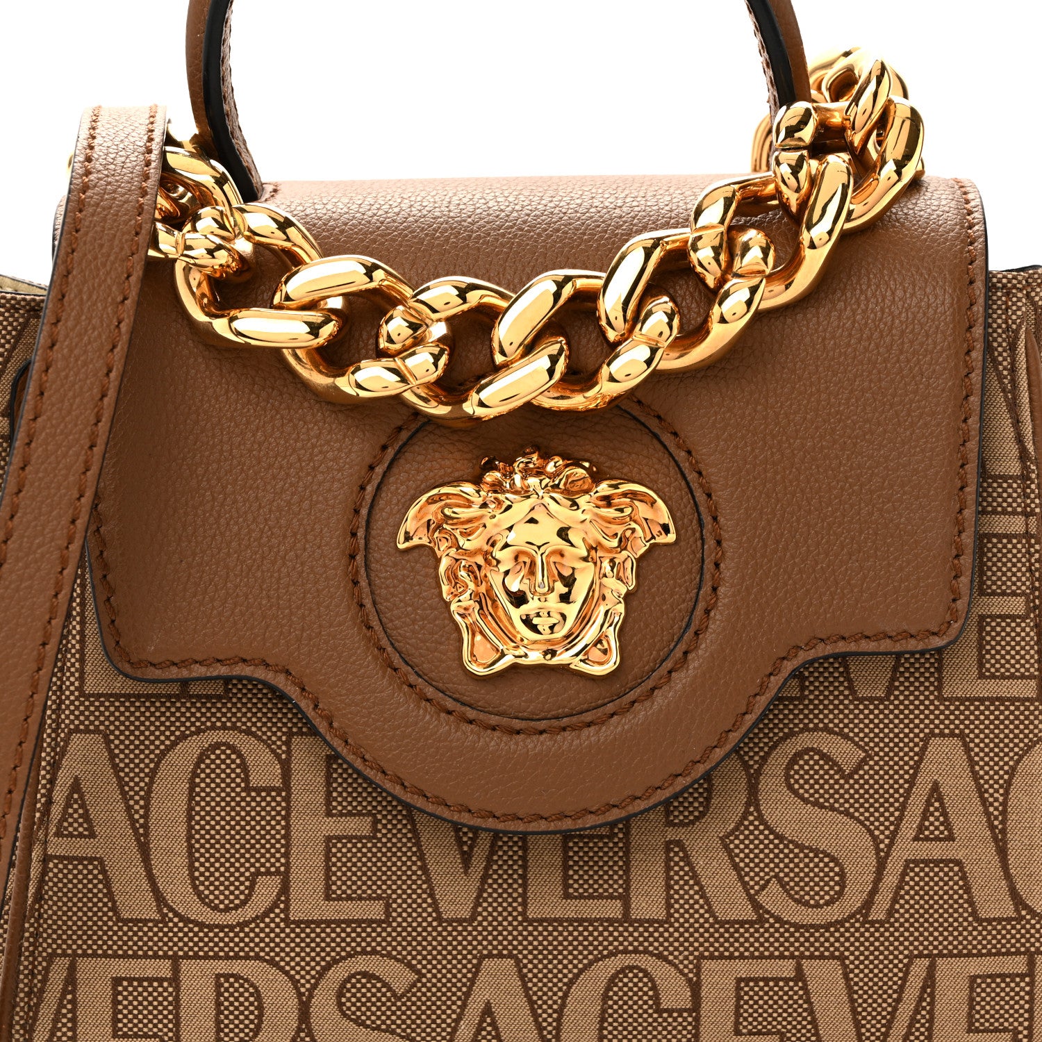 Versace Calfskin Canvas Allover La Medusa Small Top Handle Handbag Brown 7 of 11