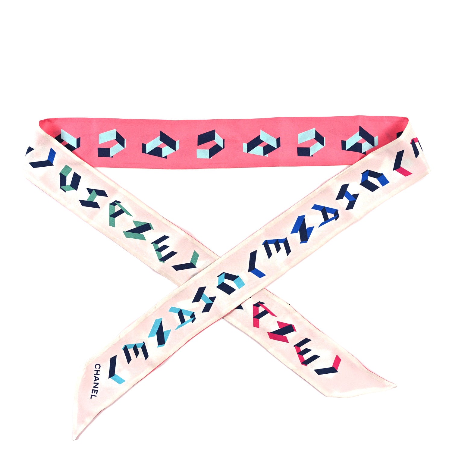 Chanel Silk Logo Slim Bandeau Scarf Ecru Pink 1 of 3