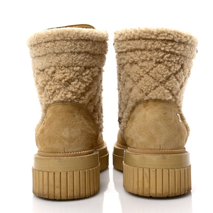 Chanel Suede Shearling Quilted CC Combat Boots 38 Beige 5 of 8