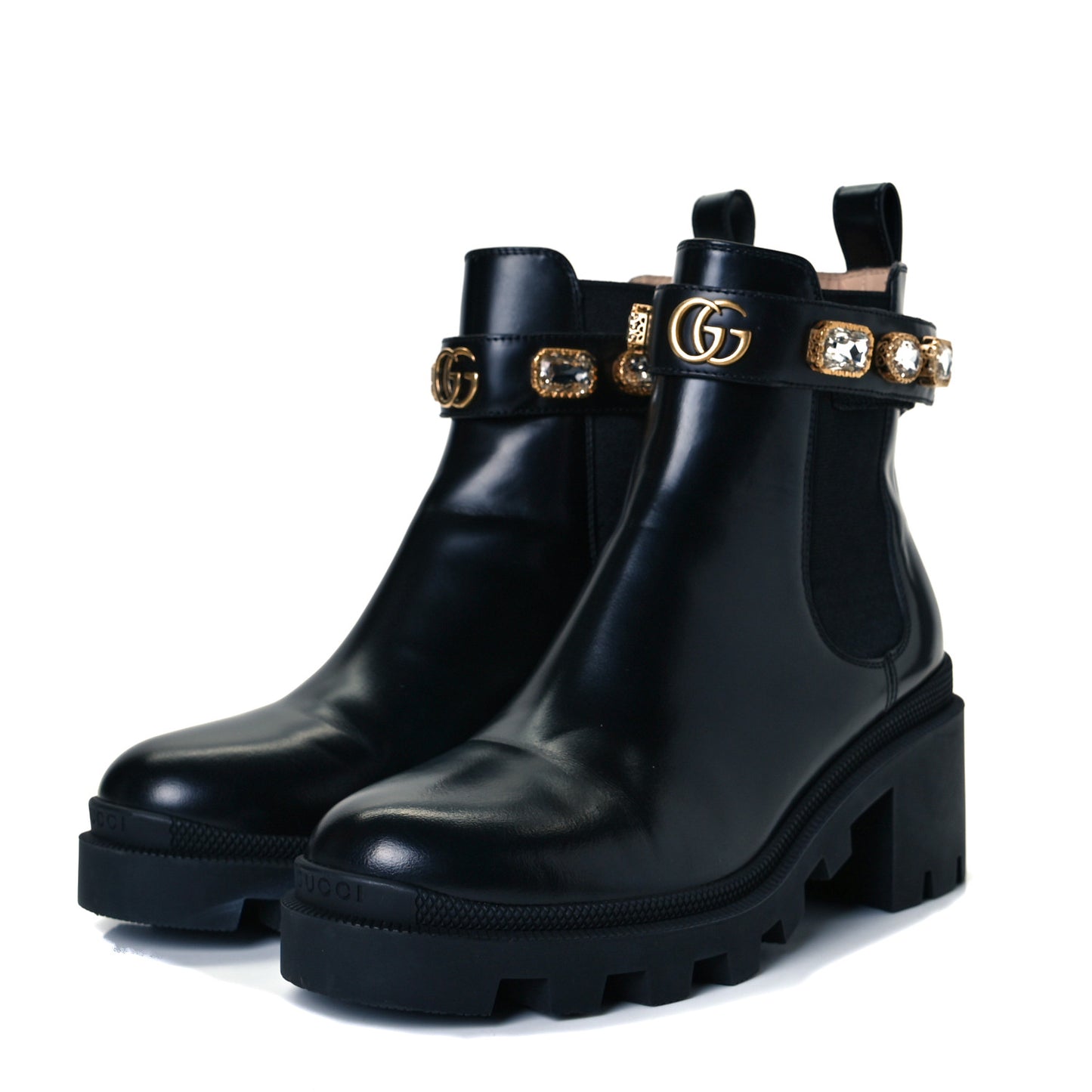 Calfskin Crystal GG Trip Chelsea Ankle Boots 37 Black