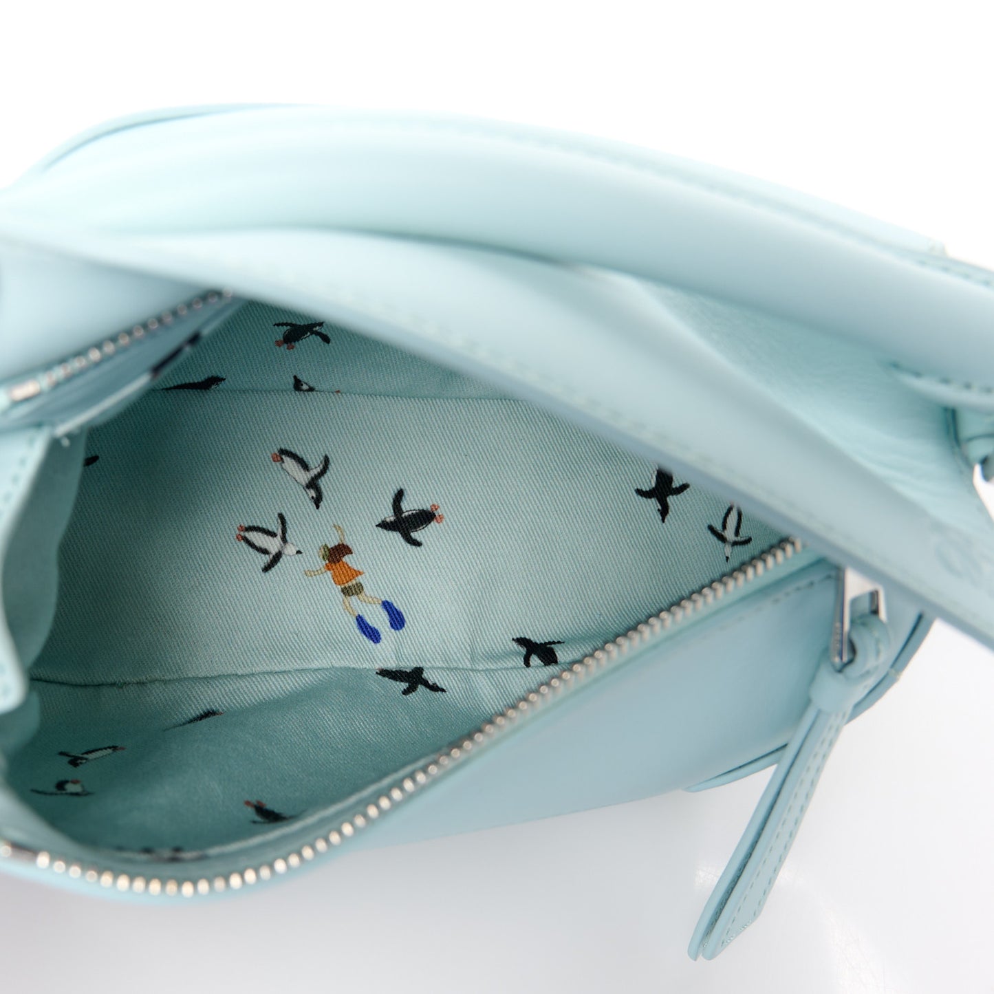 X SUNA FUJITA Shiny Calfskin Mini Penguin Puzzle Edge Bag Blue Iceberg