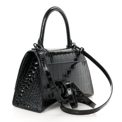 Balenciaga Shiny Calfskin Monochrome Crocodile Embossed Small Hourglass Top Handle Bag Black 3 of 10