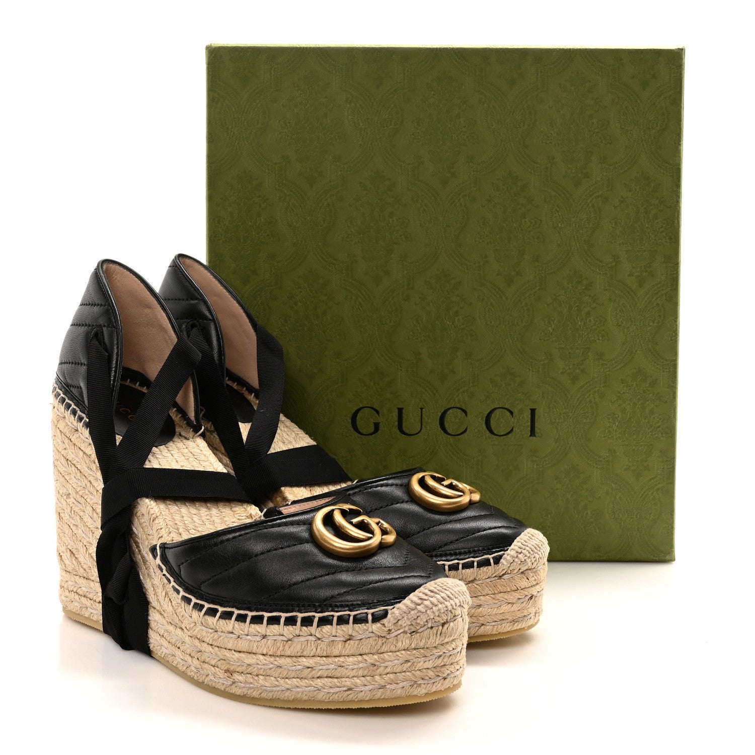 Gucci Nappa Matelasse GG Marmont Ankle Wrap Platform 35/120mm Espadrille Wedges 40.5 Black 10 of 10