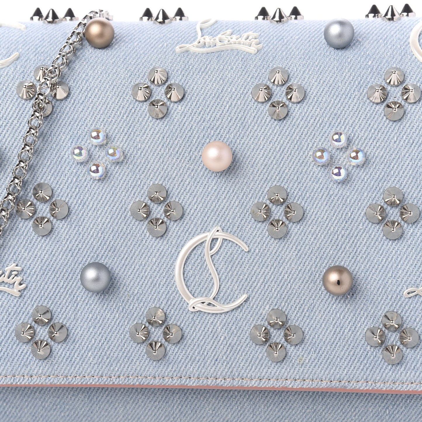 Denim Calfskin Patent Pearl Spikes Loubinthesky Paloma Clutch Paloma Blue