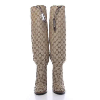 Gucci Monogram Malaga Kid Lisa Mid Heel Boots 36.5 Beige Ebony 2 of 7