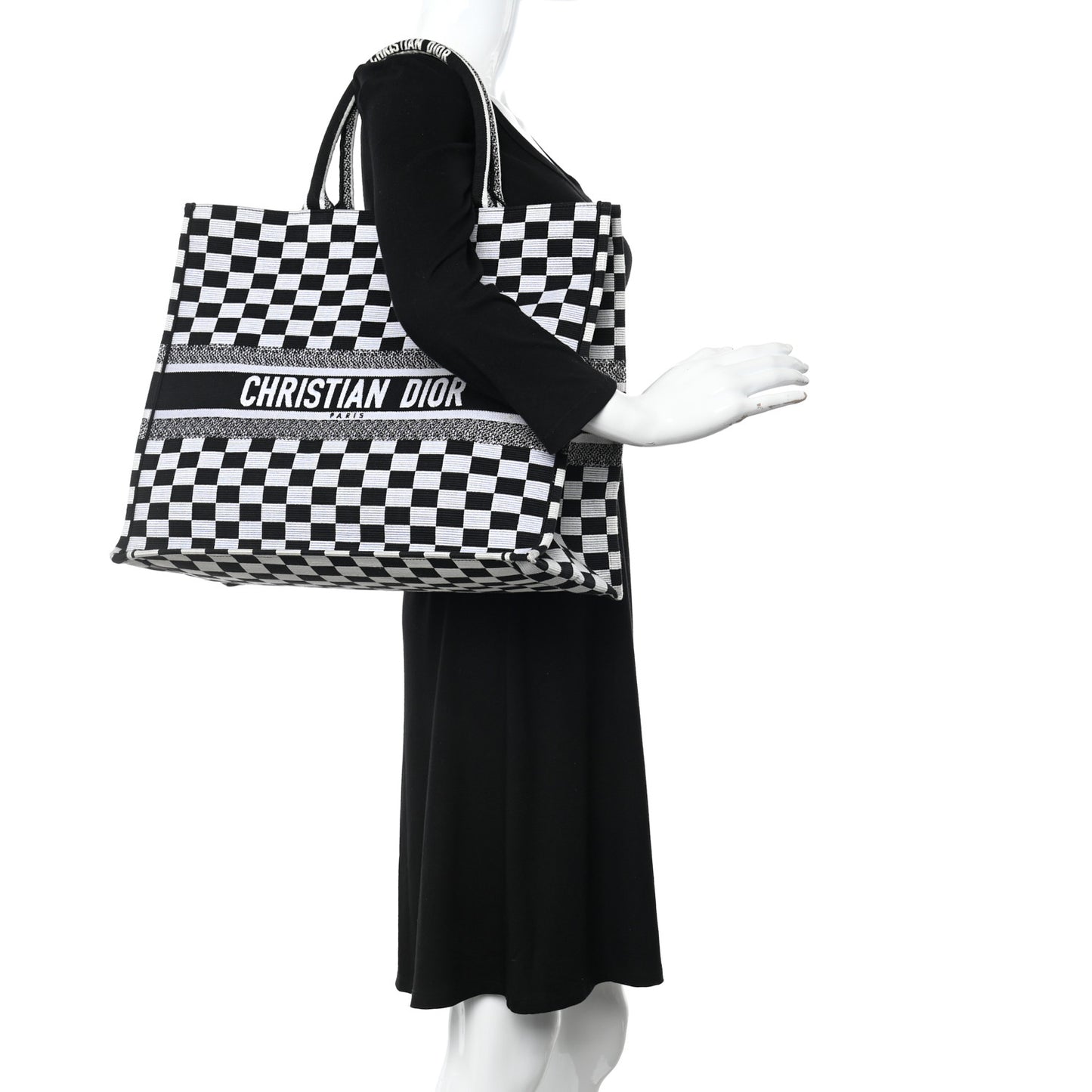 Canvas Embroidered Checkered Book Tote Black White