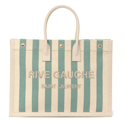 Saint Laurent Cotton Linen Calfskin Striped Rive Gauche Tote Water Green 1 of 8