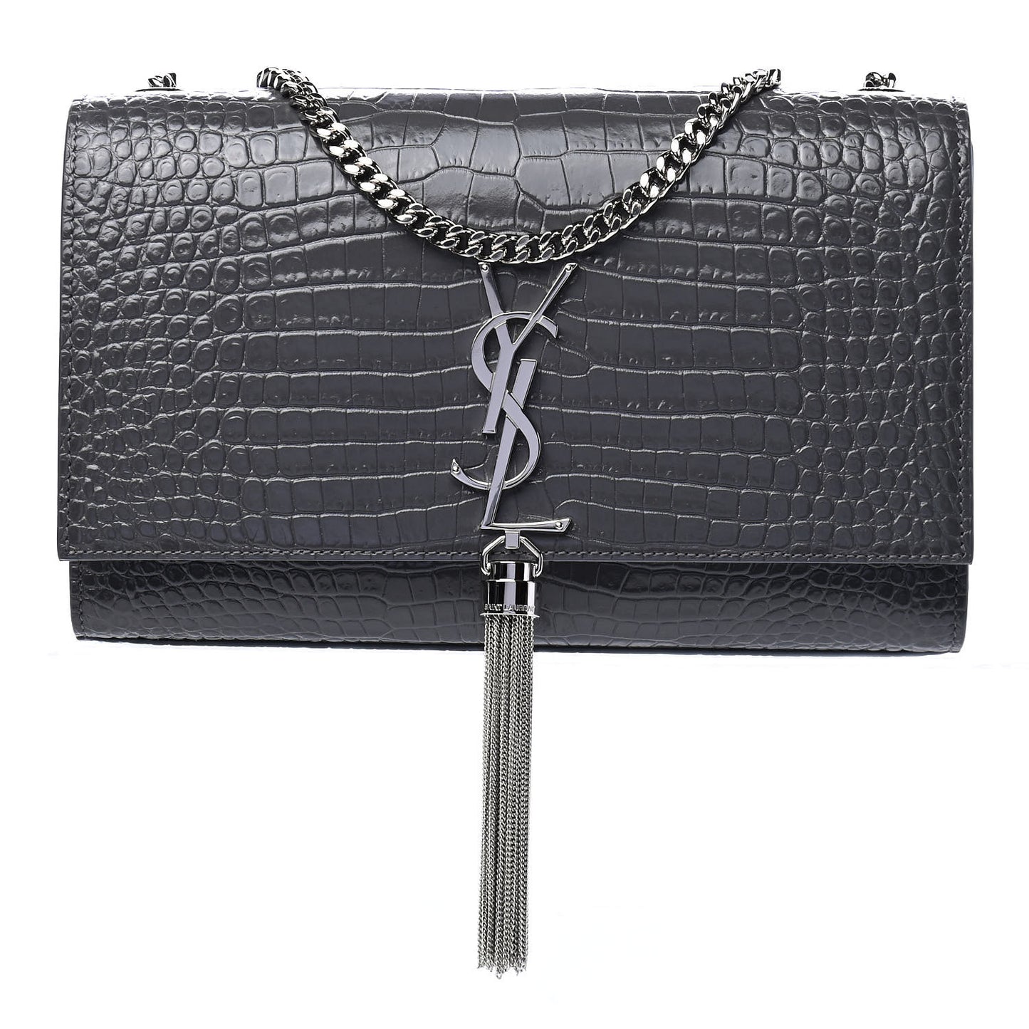 Calfskin Crocodile Embossed Medium Classic Monogram Kate Tassel Satchel Storm