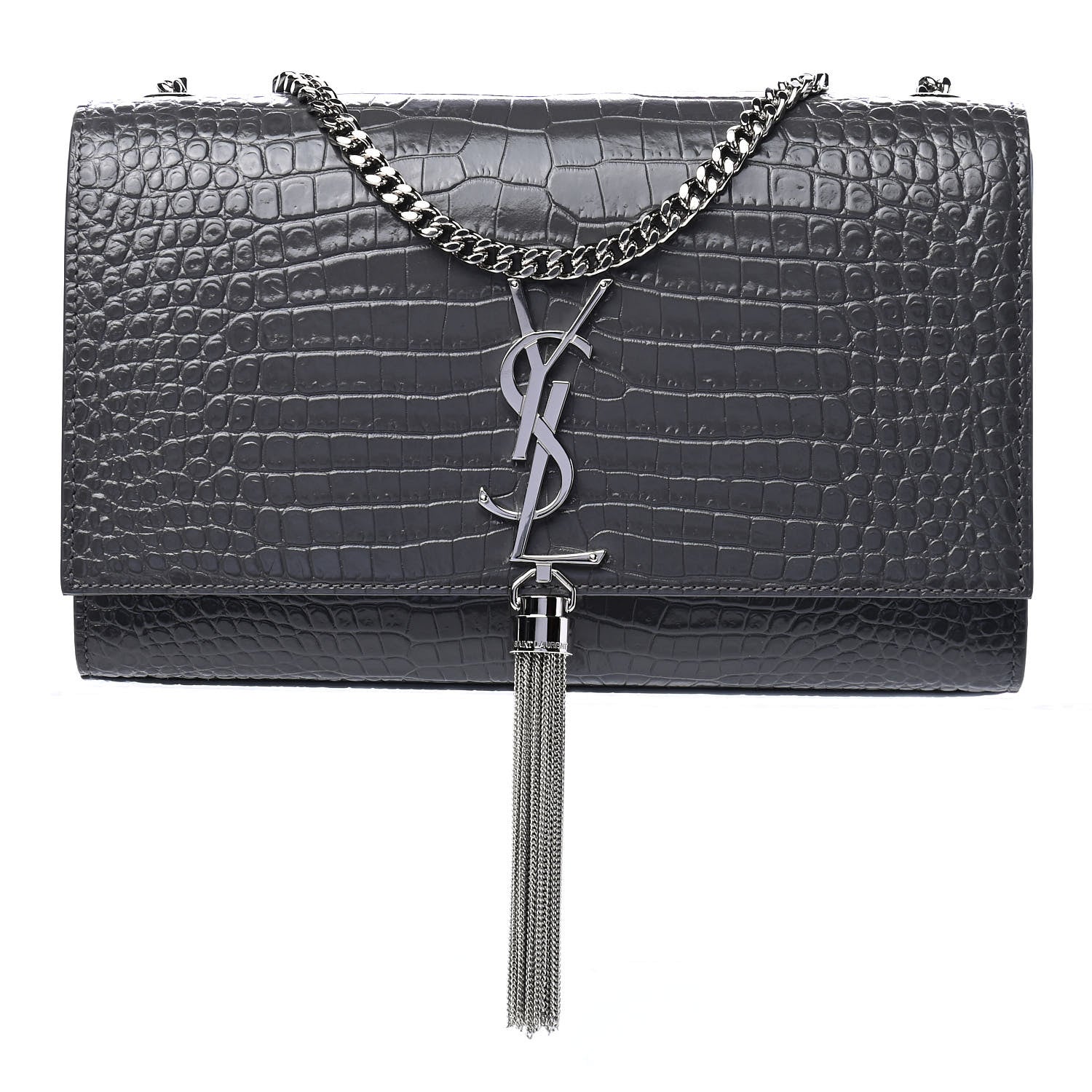 Saint Laurent Calfskin Crocodile Embossed Medium Classic Monogram Kate Tassel Satchel Storm 1 of 9