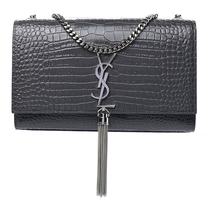 Saint Laurent Calfskin Crocodile Embossed Medium Classic Monogram Kate Tassel Satchel Storm 1 of 9