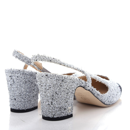 Chanel Tweed Grosgrain Cap Toe CC Slingback Pumps 37.5 Grey Silver Black 4 of 12