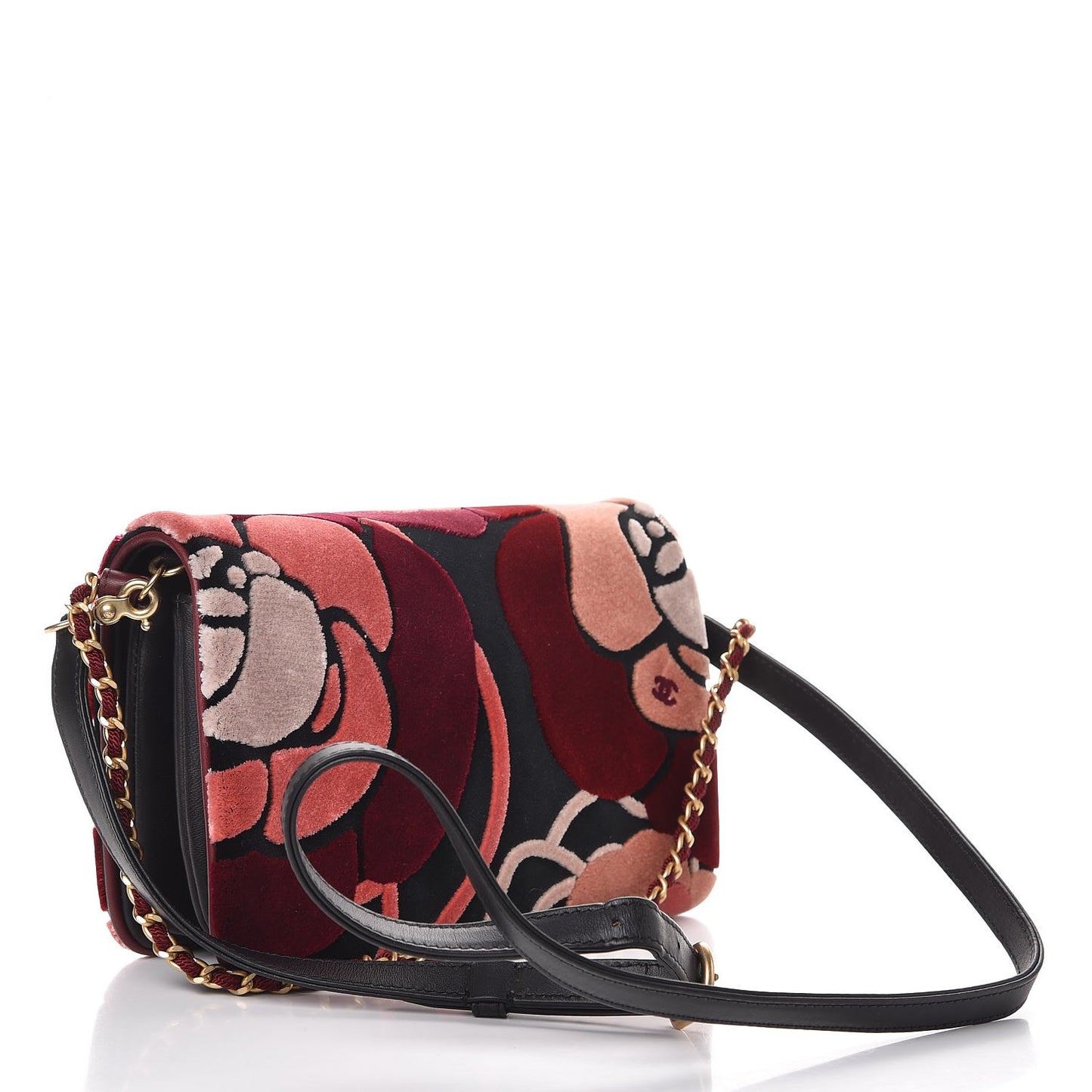 Velvet Lambskin Camellia Flap Black Burgundy