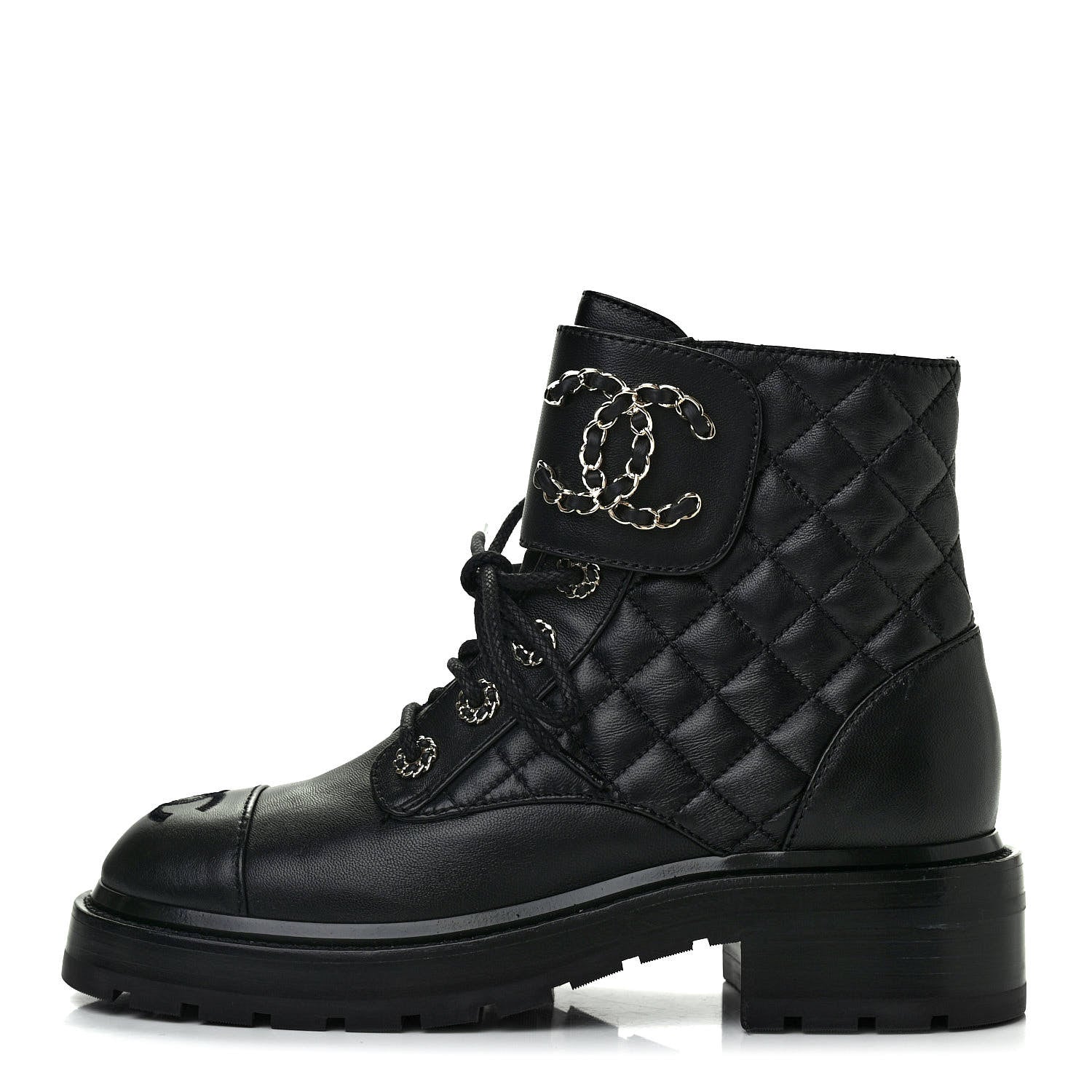 Chanel Shiny Lambskin Quilted Lace Up Combat Boots 36 Black 1 of 7
