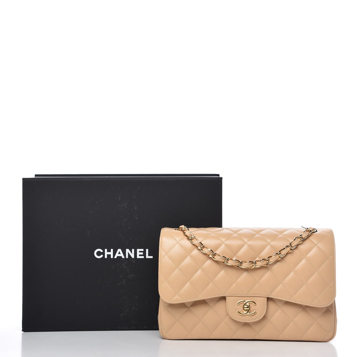 Caviar Quilted Jumbo Double Flap Beige Clair