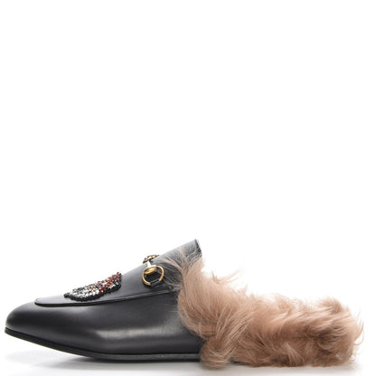 Gucci Calfskin Fur Crystal Tiger Embroidered Princetown Slippers 40 Black 1 of 8