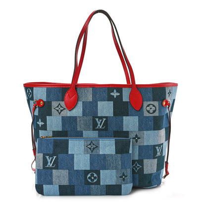 Louis Vuitton Denim Damier Monogram Patchwork Neverfull Blue Rouge 3 of 10