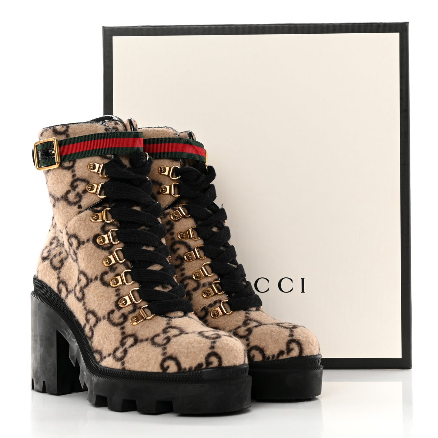Covered Wool GG Monogram Womens Lace Up Combat Ankle Boots 38 Beige Ebony Black