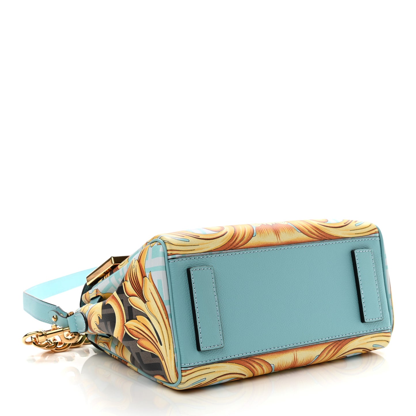 X FENDI Grained Calfskin Fendace La Medusa Medium Top Handle Bag Baby Blue Multicolor