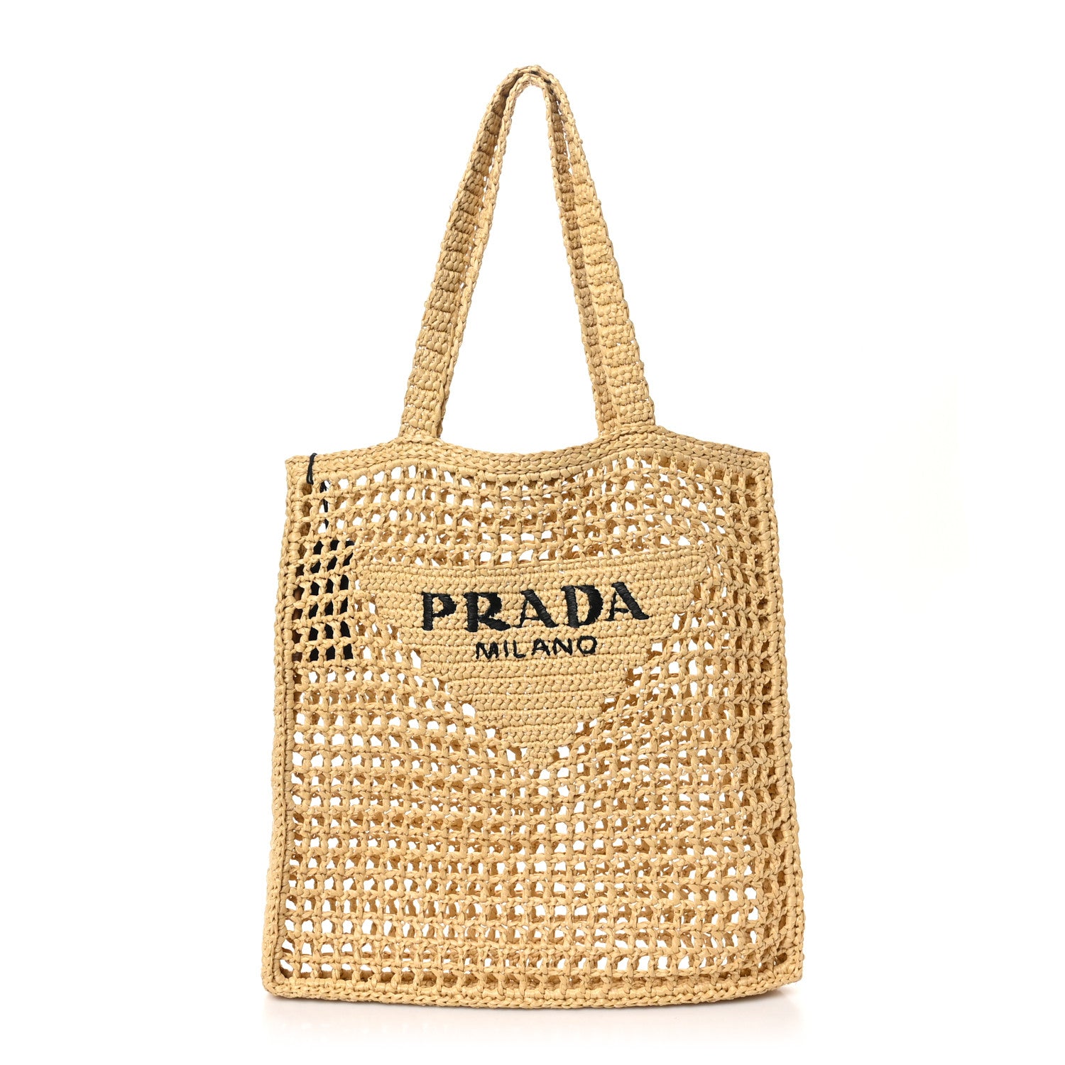 Prada Yarn Raffia Effect Crochet Logo Embroidered Tote Bag Naturale 1 of 10