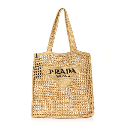 Prada Yarn Raffia Effect Crochet Logo Embroidered Tote Bag Naturale 1 of 10