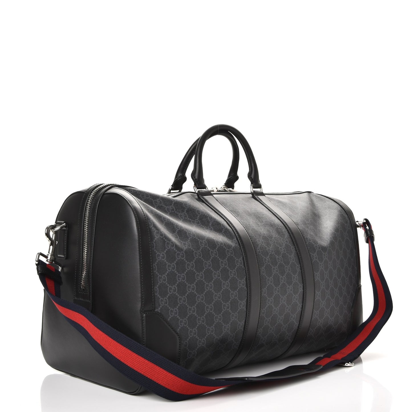 Soft GG Supreme Monogram Appia Calfskin Web Large Carry On Duffle Bag Black Grey