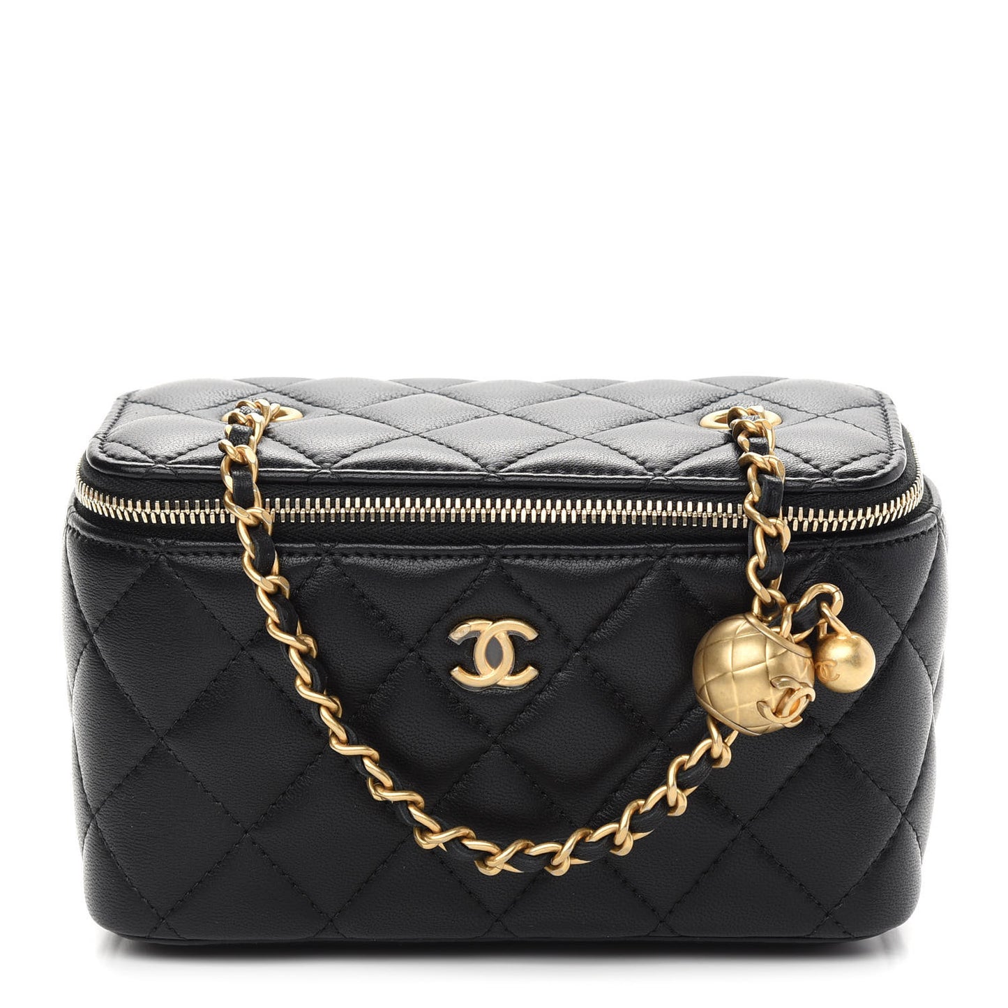 Lambskin Quilted Pearl Crush Small Vanity Case With Chain Black