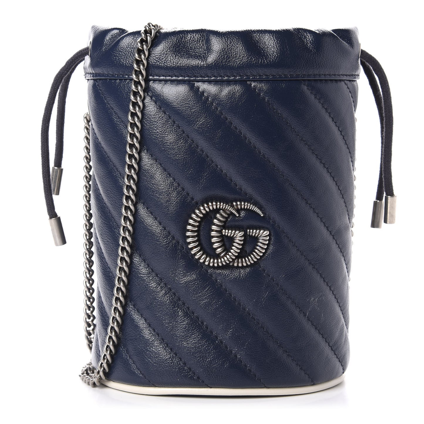Vintage Effect Calfskin Matelasse Diagonal Mini Torchon GG Marmont 2.0 Bucket Bag Blue Agata Mystic White