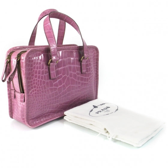 Prada Calfskin Crocodile Embossed Structured Tote Bag Pink 13 of 14