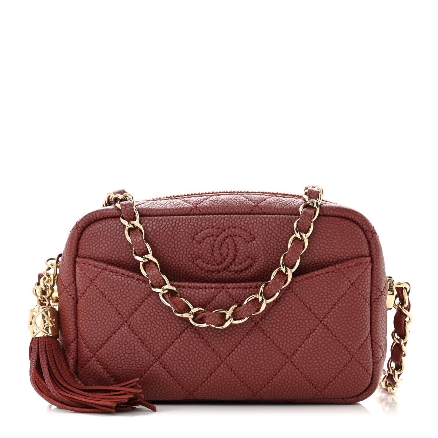 Caviar Quilted Mini Coco Tassel Camera Case Burgundy