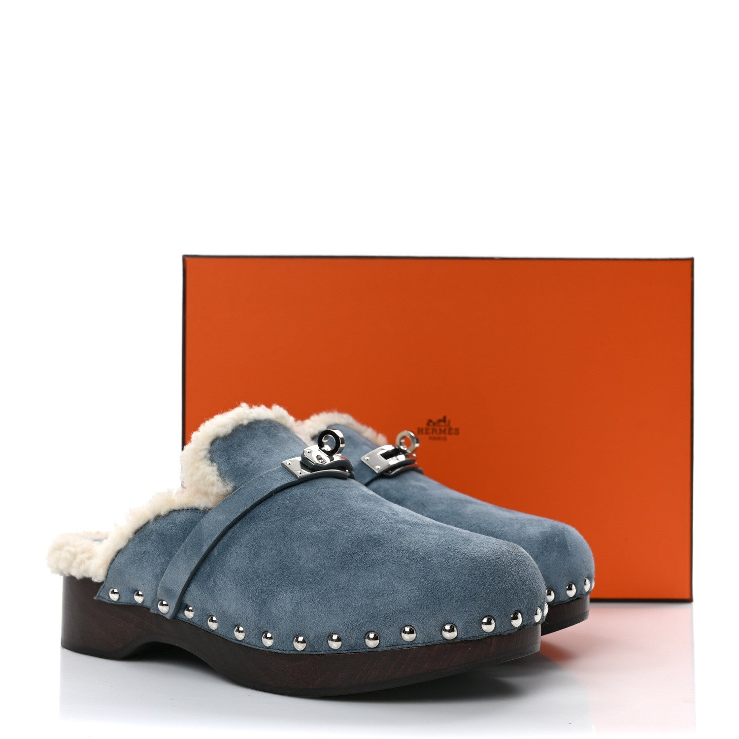 Hermes Suede Goatskin Woolskin Carlotta Mules 37 Bleu Pinede 7 of 7