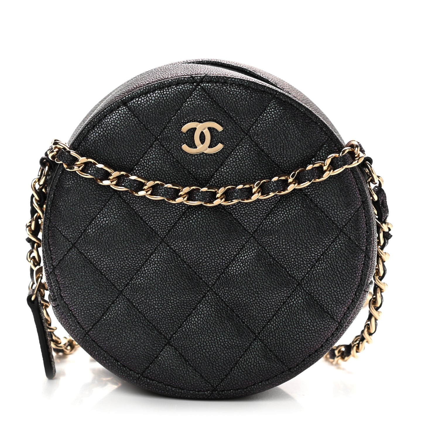 Iridescent Caviar Quilted Round Clutch With Chain Black