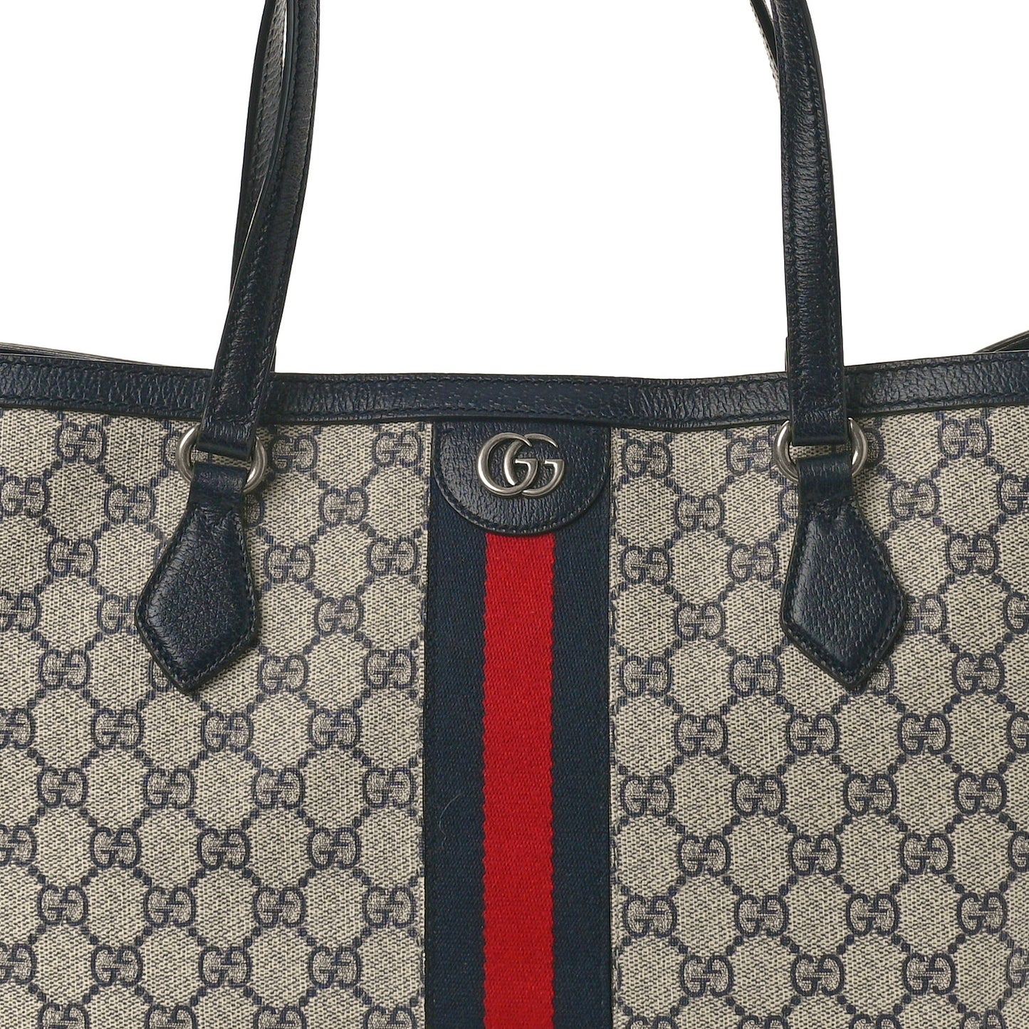 GG Supreme Monogram Textured Calfskin Web Medium Ophidia Shopping Tote Beige Blue