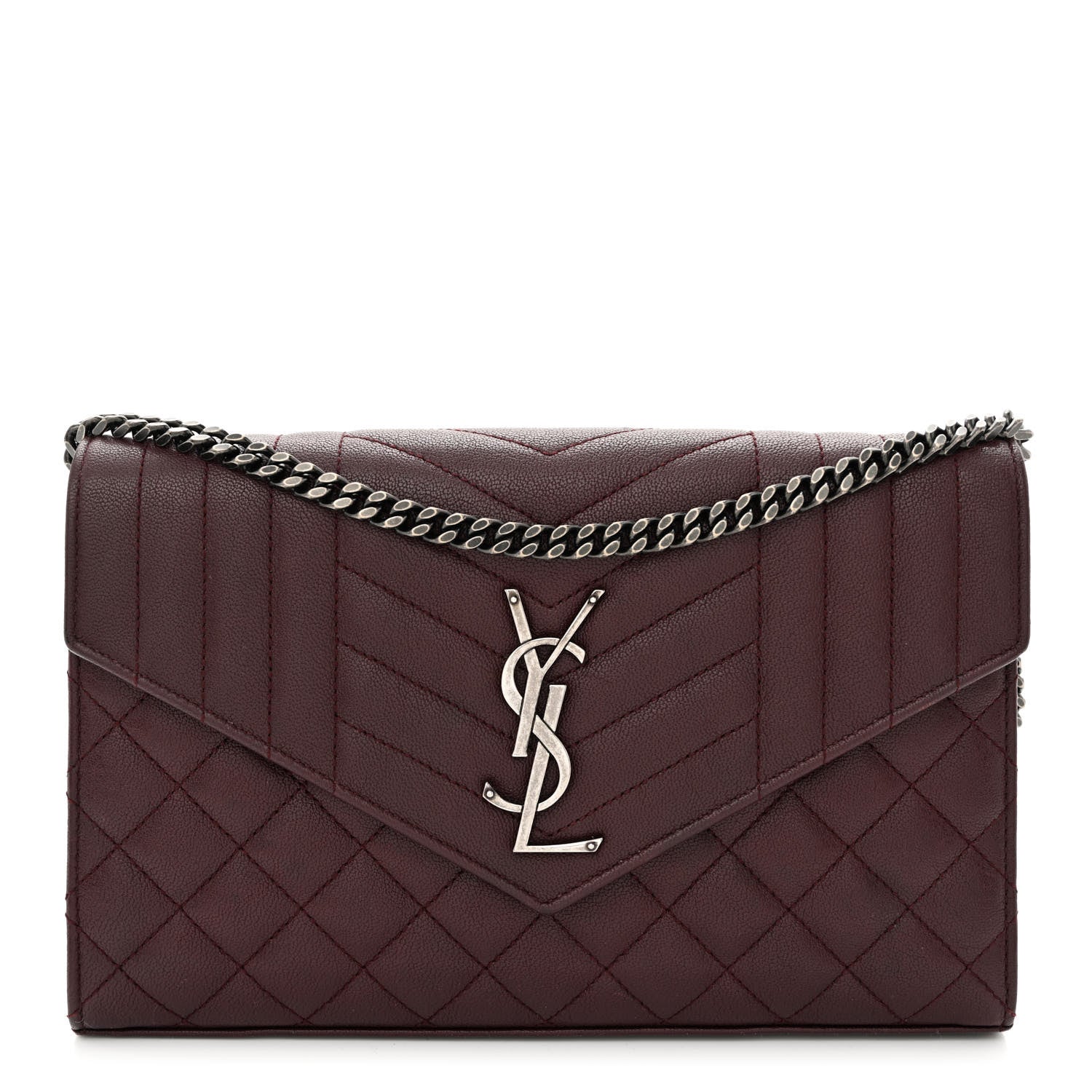 Saint Laurent Sheepskin Tri-Quilt Monogram Envelope Chain Wallet Burgundy 1 of 12