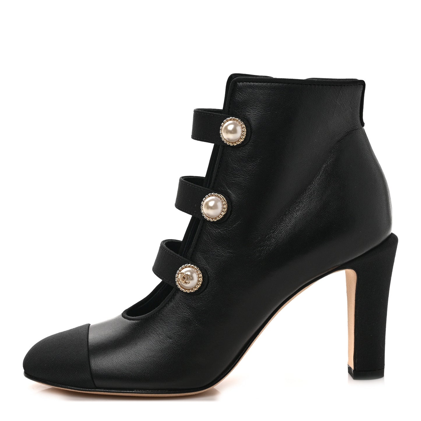 Lambskin Grosgrain Cap Toe Pearl Ankle Boots 35 Black