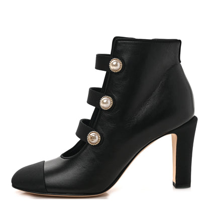 Chanel Lambskin Grosgrain Cap Toe Pearl Ankle Boots 35 Black 1 of 8