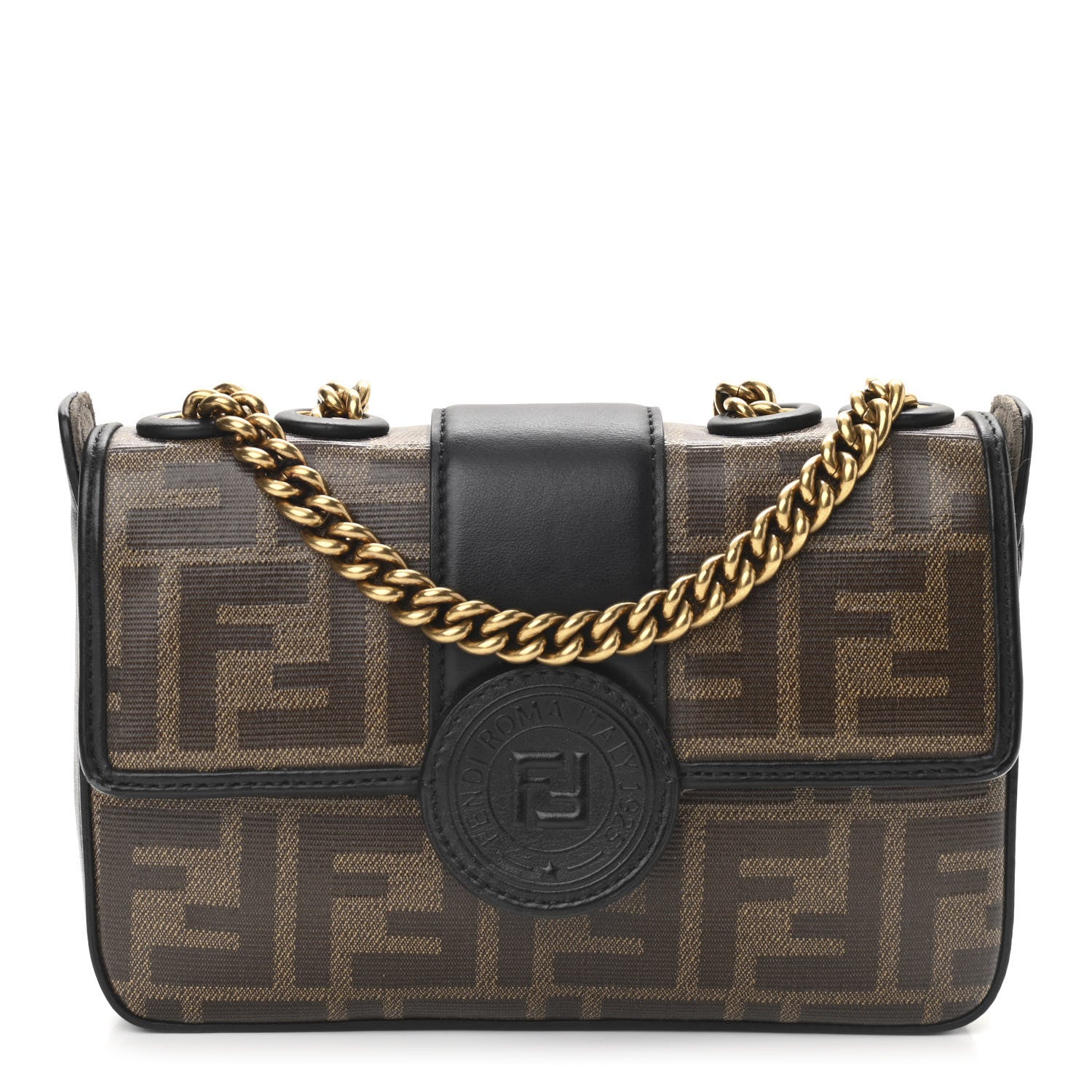 Fendi Glazed Fabric Vitello Century FF 1974 Stamp Patch Mini Double F Crossbody Bag Mogano Panna Black 1 of 9