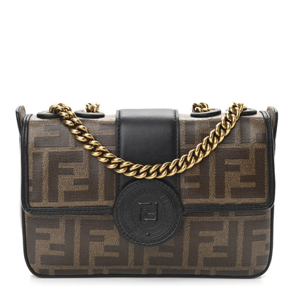 Fendi Glazed Fabric Vitello Century FF 1974 Stamp Patch Mini Double F Crossbody Bag Mogano Panna Black 1 of 9
