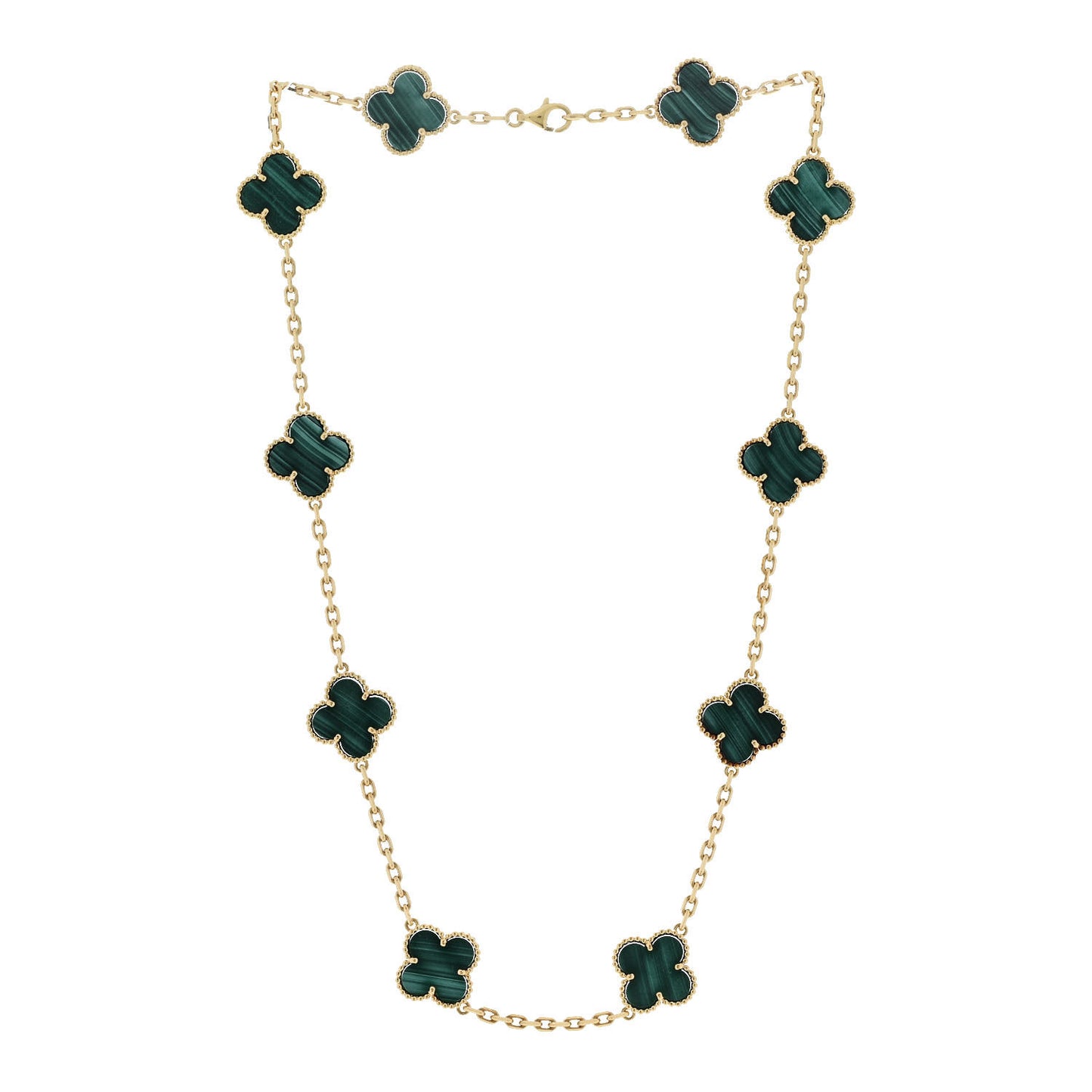 18K Yellow Gold Malachite 10 Motifs Vintage Alhambra Necklace