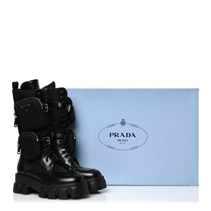 Prada Spazzolato Rois Re-Nylon Metal Triangle Logo Monolith Pouch Pocket 55mm Tall Combat Boots 39 Black 14 of 14