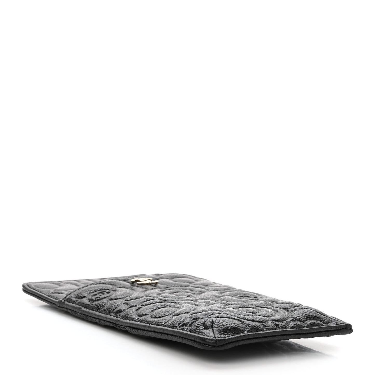 Caviar Camellia Embossed Classic Flat Wallet Pouch Black