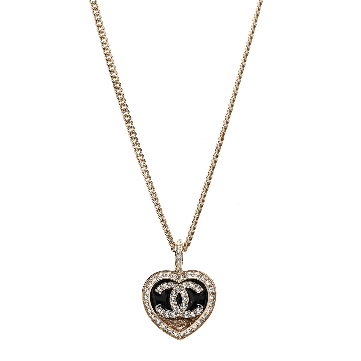 Chanel Resin Crystal Glitter CC Heart Necklace Black Gold 1 of 6